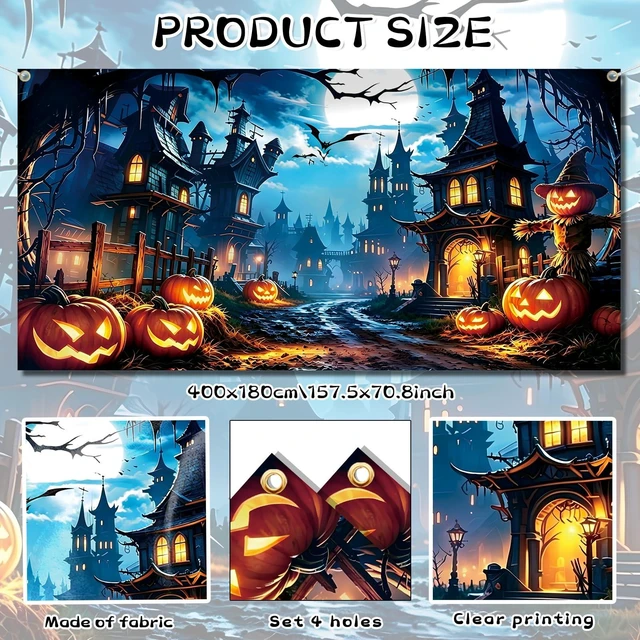 Alt view image 4 of 6 - 6 x 13 FT Halloween Garage Door Cover Banner Large Garage Door Halloween Cover with Haunted House, Pumpkin and Bats, Halloween Decorations for Outdoor Home Yard