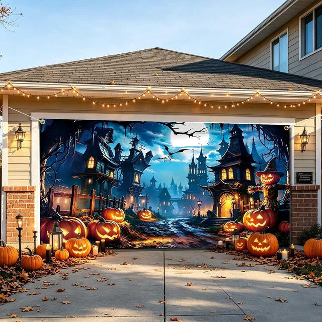 Alt view image 6 of 6 - 6 x 13 FT Halloween Garage Door Cover Banner Large Garage Door Halloween Cover with Haunted House, Pumpkin and Bats, Halloween Decorations for Outdoor Home Yard