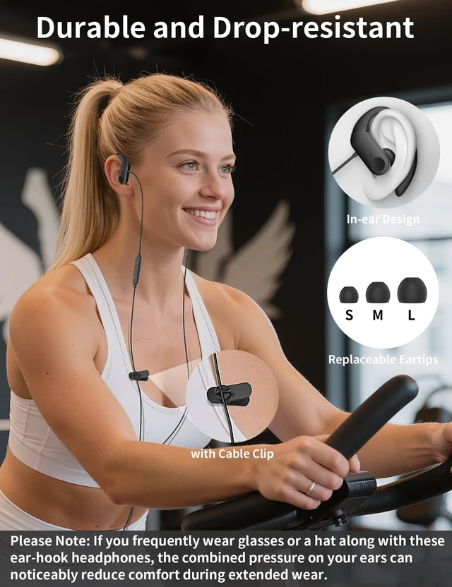 Alt view image 4 of 7 - Wired Earbuds with Ear Hooks 3.5mm Over Ear Headphone for PC with Mic Black Noise Isolating Adjustable EarHook with Case Secure Fit for Samsung A25 A15/Kindle Fire/Laptop School Sport Running Workout