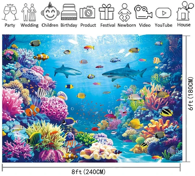 Alt view image 7 of 7 - Under The Sea Backdrop Ocean Underwater World Tropical Fish Coral Summer Photography Background Aquarium Theme Baby Shower Birthday Party Decorations Banner Photo Props (8x6FT)