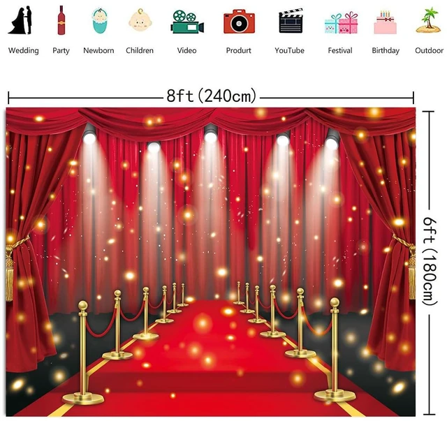Alt view image 7 of 7 - Red Carpet Backdrop Movie Night Film Stars Glitter Party Red Curtain Decor Photo Background VIP Fashion Show Prom Graduation Wedding Birthday Party Supplies Photo Props (8x6FT)