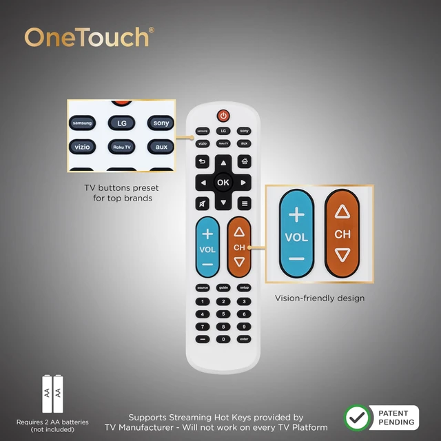Alt view image 6 of 7 - BigEZ OneTouch Big Button Universal TV Remote, Easy to Use TV Remote for Seniors, Replacement Remote for Samsung, LG, Sony, Vizio, Roku TV, Streaming Players, Backlit Buttons, 2 Device