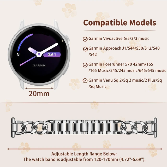 Alt view image 5 of 7 - 20mm Band for Garmin Forerunner 170, Women's Metal (Silver) Women's Metal Skeleton Chain Link Replacement Strap for Garmin Forerunner 70/170/170 Music/570 42mm/Vívoactive 6/5