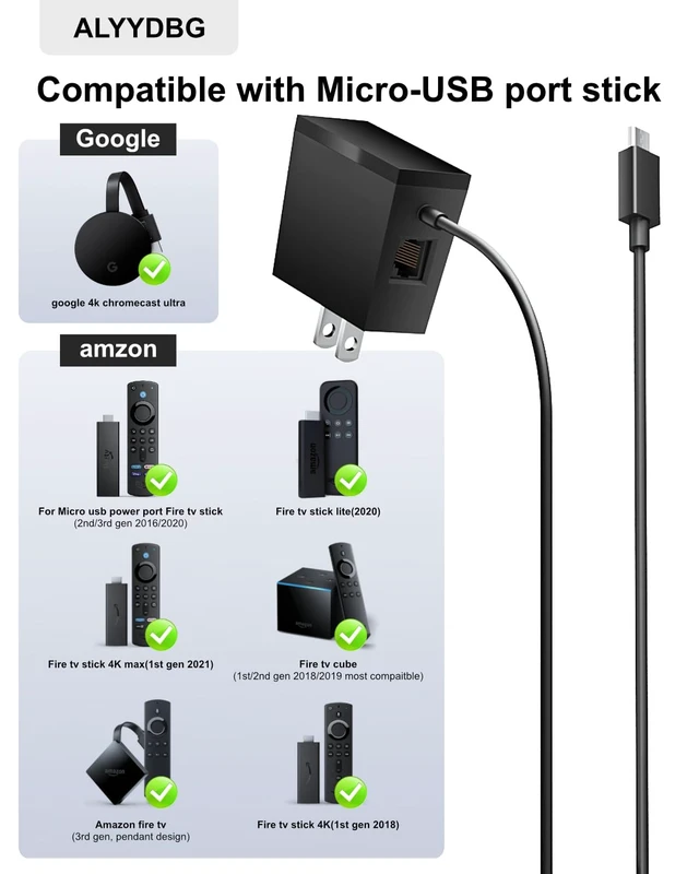 Alt view image 3 of 5 - Micro USB Port Fire Stick & Chromecast Ultra 4K Ethernet Power Adapter Original standard micro usb power adapter with 100Mbps RJ45 port by
