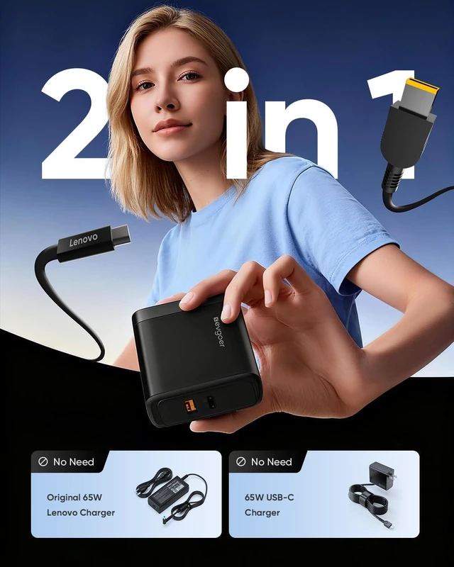 Alt view image 6 of 7 - 65W Lenovo Charger, Lenovo Laptop Charger for ThinkPad T/E/G Series, Compatible with 11x4.5mm Square Tip & All USB-C Devices