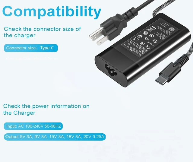 Alt view image 2 of 5 - 65W USB C Laptop Charger Compatible with HP Omnibook 3/5/7/X/Ultra flip For HP Spectre x360, Envy, Elitebook x360, Pavilion, Chromebook, Elite x2. Fast Charging,Type C Power Cord