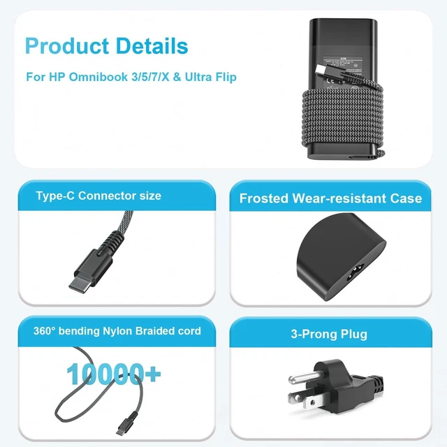Alt view image 3 of 5 - 65W USB C Laptop Charger Compatible with HP Omnibook 3/5/7/X/Ultra flip For HP Spectre x360, Envy, Elitebook x360, Pavilion, Chromebook, Elite x2. Fast Charging,Type C Power Cord