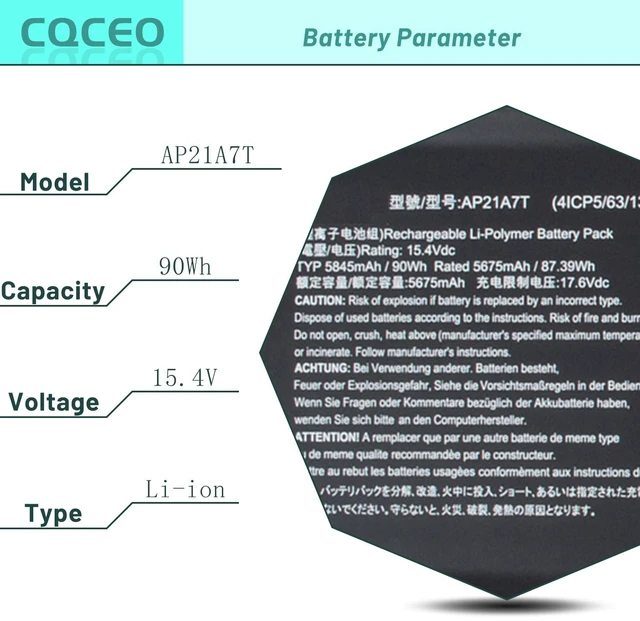 Alt view image 3 of 7 - AP21A7T AP21A8T Laptop Battery fr Acer Nitro 5 AN517-55 Helios 300 PH317-56 PH315-55 PH317-56-78LY PH317-56-78SM PH315-55-72EA Nitro 5 AN517-55 Series AP21A5T KT0040G014 15.4V/90Wh/5845mAh/4-cell
