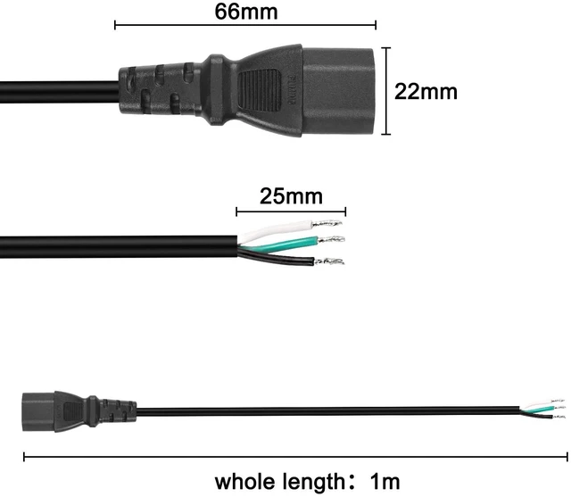 Alt view image 3 of 7 - C13 Pigtail Power Cable Replacement Power Cord Bare Wire IEC320 C13 Female 3 Pin Extension Open End Wire for Computers, Monitor Scanner - 2PCS - 1M (C13)