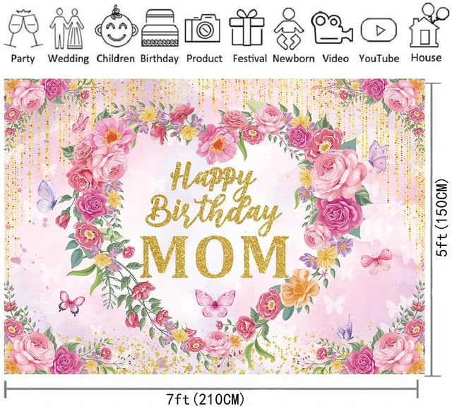Alt view image 7 of 7 - Happy Birthday Mom Backdrop Pink Flower Heart Glitter Mother's Day Decor Photography Background Mom's Birthday Backdrop for Women Party Decorations Banner Photo Props (7x5FT)
