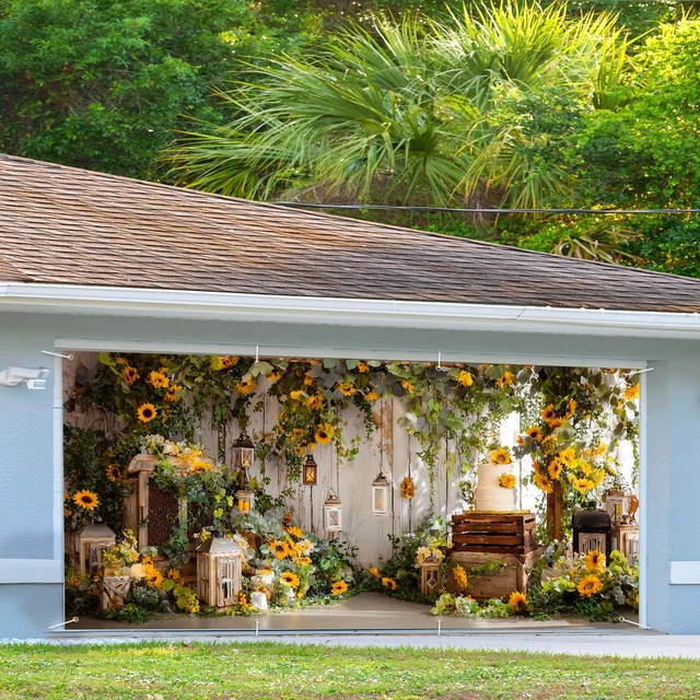 Alt view image 3 of 7 - Sunflower Garage Door Banner 6x13ft Waterproof -Rustic Farmhouse Backdrop with Greenery,Wedding &Birthday Decor,Photo Booth Background
