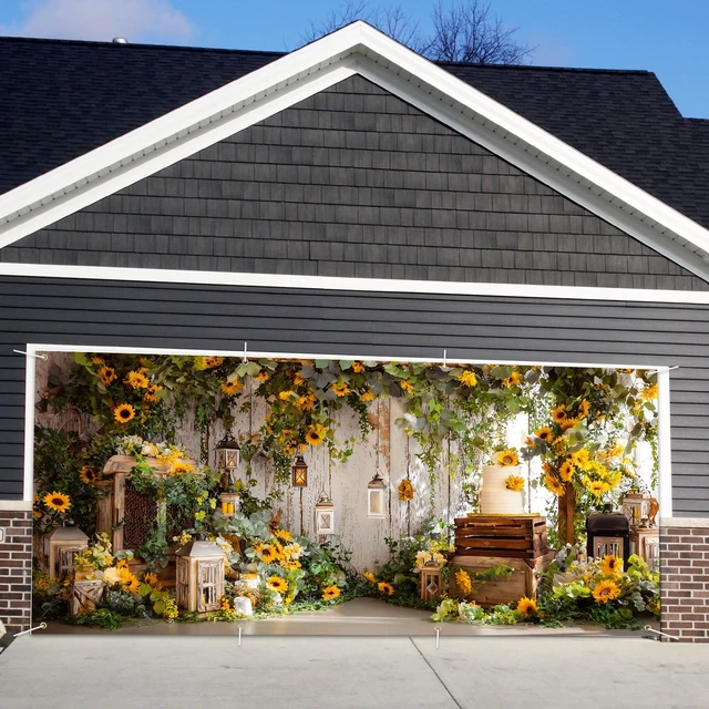 Alt view image 6 of 7 - Sunflower Garage Door Banner 6x13ft Waterproof -Rustic Farmhouse Backdrop with Greenery,Wedding &Birthday Decor,Photo Booth Background