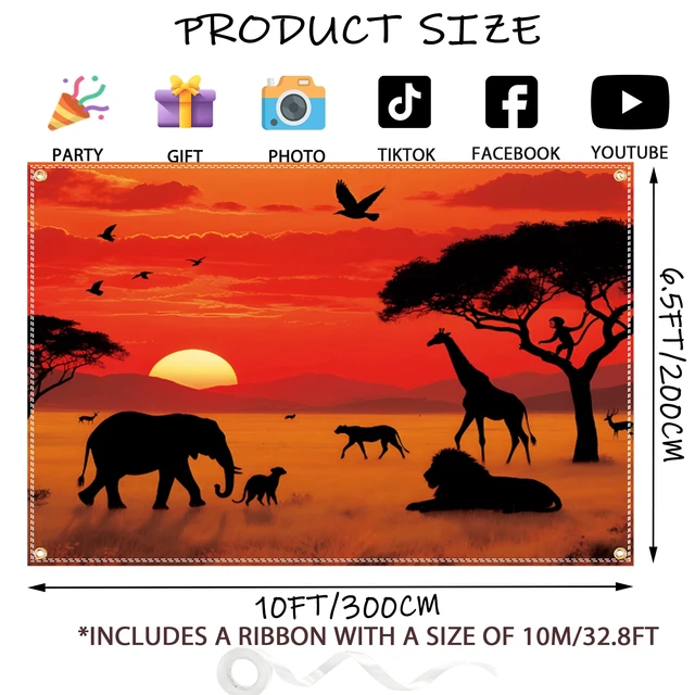 Alt view image 2 of 6 - 10×6.5ft African Safari Backdrop Safari Party Decoratins African Wild Animals Silhouette Photography Backdrop Tropical Forest Sunset Jungle Scenery Background Photo Booth with 32.8Ft Ribbon