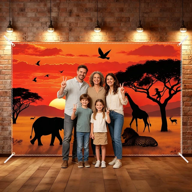 Alt view image 4 of 6 - 10×6.5ft African Safari Backdrop Safari Party Decoratins African Wild Animals Silhouette Photography Backdrop Tropical Forest Sunset Jungle Scenery Background Photo Booth with 32.8Ft Ribbon