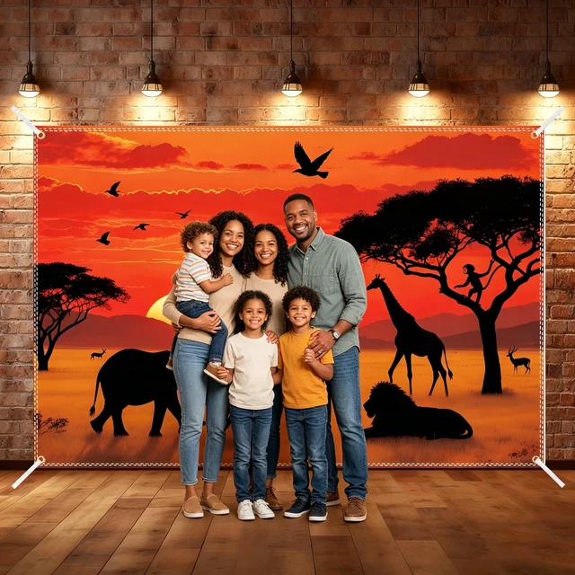 Alt view image 5 of 6 - 10×6.5ft African Safari Backdrop Safari Party Decoratins African Wild Animals Silhouette Photography Backdrop Tropical Forest Sunset Jungle Scenery Background Photo Booth with 32.8Ft Ribbon