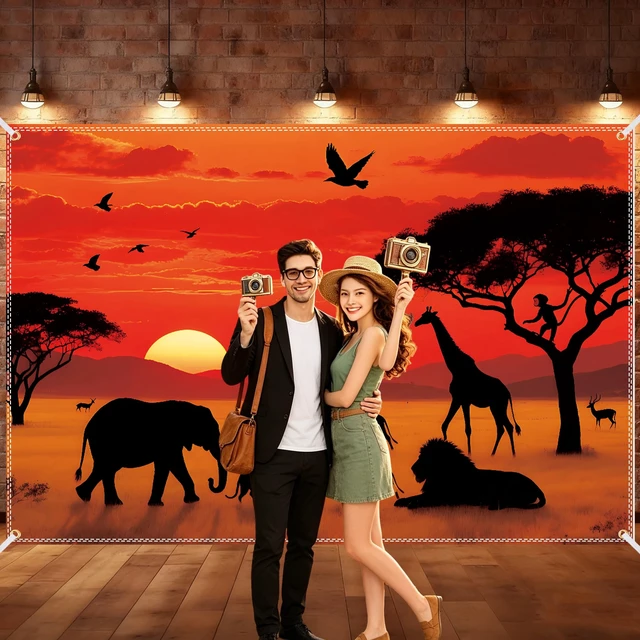 Alt view image 6 of 6 - 10×6.5ft African Safari Backdrop Safari Party Decoratins African Wild Animals Silhouette Photography Backdrop Tropical Forest Sunset Jungle Scenery Background Photo Booth with 32.8Ft Ribbon