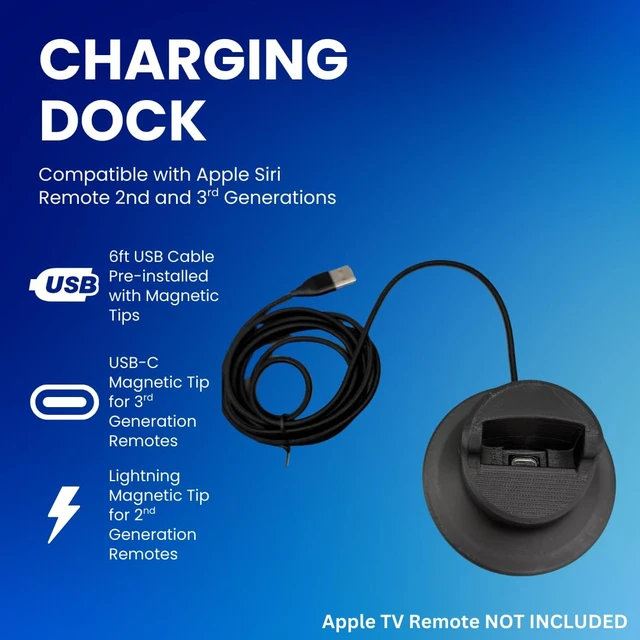 Alt view image 3 of 7 - Charging Stand Cradle Dock Compatible with Apple TV Siri Remote 2nd and 3rd Generation Magnetic USB to USB-C and Lightning Universal Remote Holder