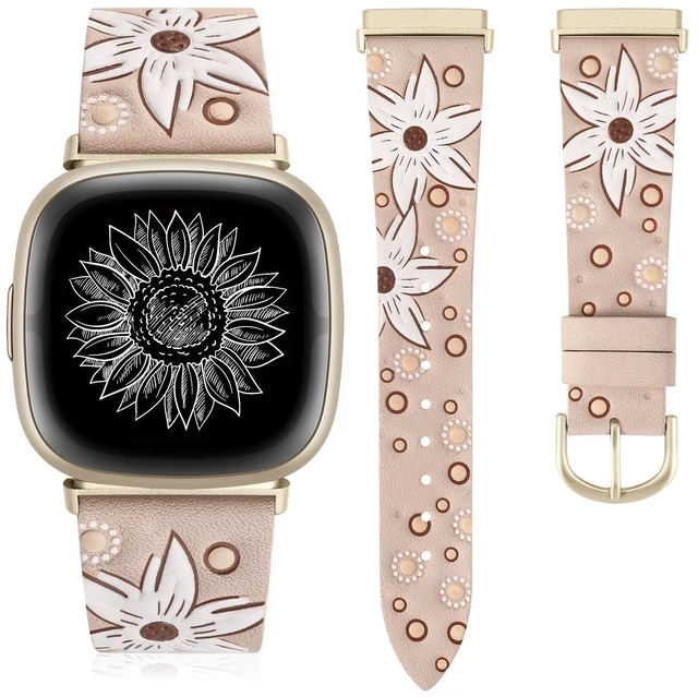 Main image of Leather Band Compatible with Fitbit Versa 4/Versa 3/Fitbit Sense 2/Sense Band Women, Boho Western Embossed Sunflower Floral Designer Cute Fancy Slim Thin Leather Strap for Versa 4 Smartwatch