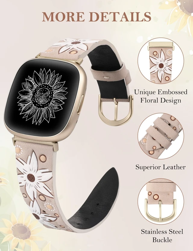 Alt view image 3 of 6 - Leather Band Compatible with Fitbit Versa 4/Versa 3/Fitbit Sense 2/Sense Band Women, Boho Western Embossed Sunflower Floral Designer Cute Fancy Slim Thin Leather Strap for Versa 4 Smartwatch