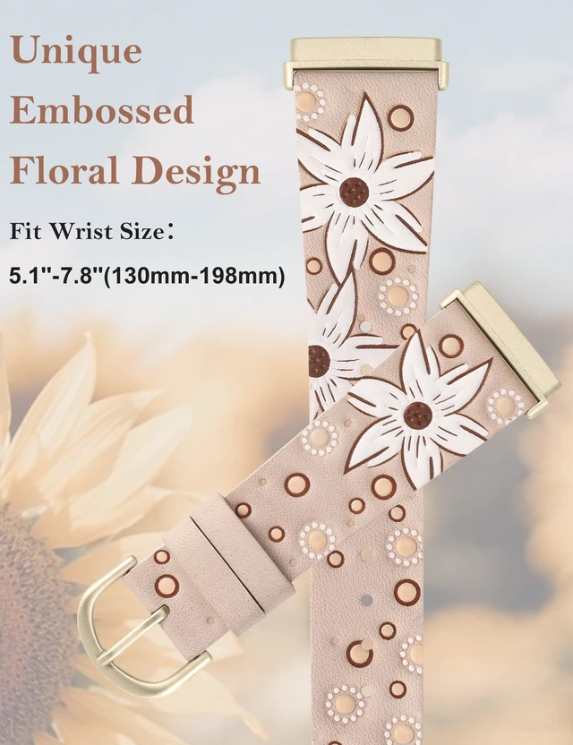Alt view image 2 of 6 - Leather Band Compatible with Fitbit Versa 4/Versa 3/Fitbit Sense 2/Sense Band Women, Boho Western Embossed Sunflower Floral Designer Cute Fancy Slim Thin Leather Strap for Versa 4 Smartwatch