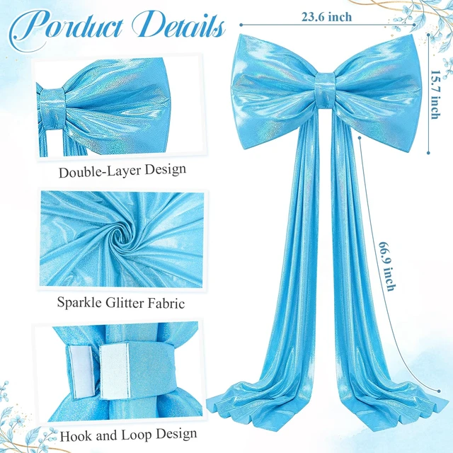Alt view image 2 of 7 - Giant Bow Decor 23x70 Inch Large Blue Glitter Bow with Long Ribbon Upgrade Internal Lining Support Oversized 3D Bow Wall Backdrop Decoration for Coquette Room Birthday Wedding Party Decorations