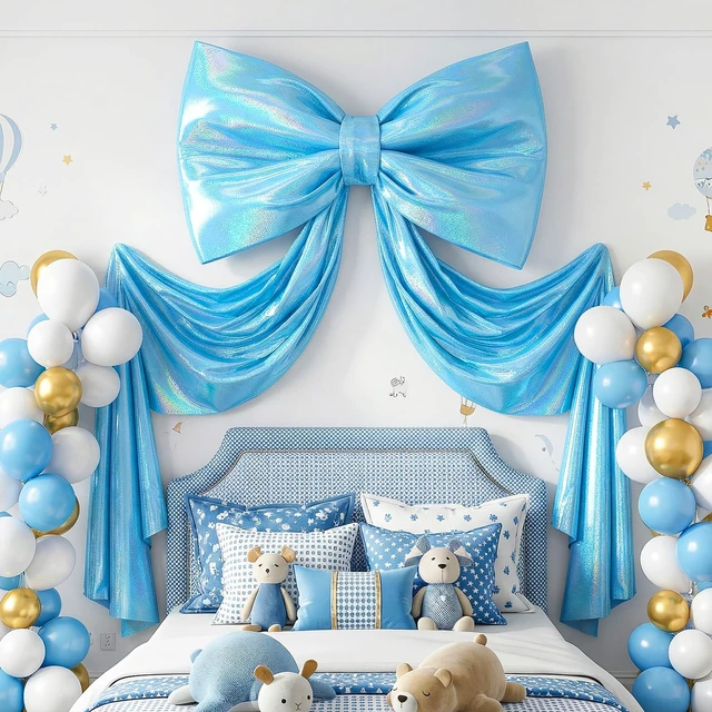 Alt view image 3 of 7 - Giant Bow Decor 23x70 Inch Large Blue Glitter Bow with Long Ribbon Upgrade Internal Lining Support Oversized 3D Bow Wall Backdrop Decoration for Coquette Room Birthday Wedding Party Decorations