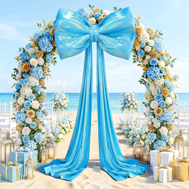 Alt view image 4 of 7 - Giant Bow Decor 23x70 Inch Large Blue Glitter Bow with Long Ribbon Upgrade Internal Lining Support Oversized 3D Bow Wall Backdrop Decoration for Coquette Room Birthday Wedding Party Decorations