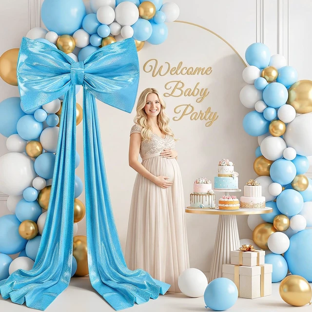 Alt view image 5 of 7 - Giant Bow Decor 23x70 Inch Large Blue Glitter Bow with Long Ribbon Upgrade Internal Lining Support Oversized 3D Bow Wall Backdrop Decoration for Coquette Room Birthday Wedding Party Decorations