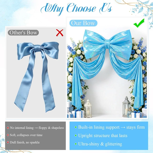 Alt view image 6 of 7 - Giant Bow Decor 23x70 Inch Large Blue Glitter Bow with Long Ribbon Upgrade Internal Lining Support Oversized 3D Bow Wall Backdrop Decoration for Coquette Room Birthday Wedding Party Decorations
