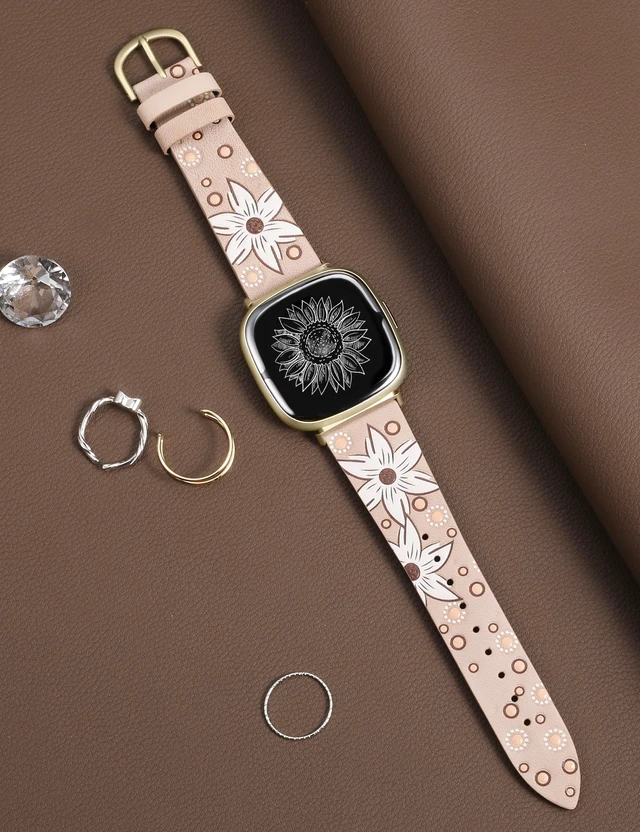 Alt view image 4 of 6 - Leather Band Compatible with Fitbit Versa 4/Versa 3/Fitbit Sense 2/Sense Band Women, Boho Western Embossed Sunflower Floral Designer Cute Fancy Slim Thin Leather Strap for Versa 4 Smartwatch
