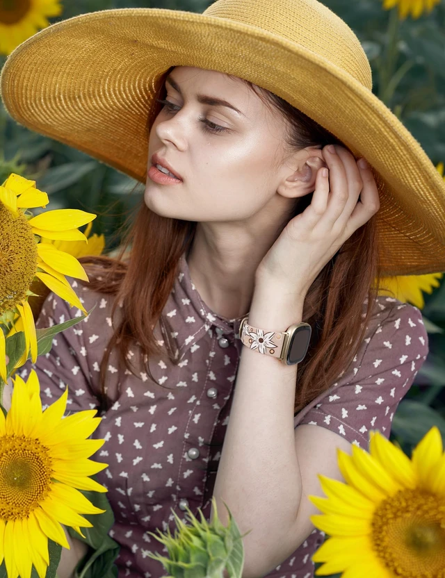 Alt view image 5 of 6 - Leather Band Compatible with Fitbit Versa 4/Versa 3/Fitbit Sense 2/Sense Band Women, Boho Western Embossed Sunflower Floral Designer Cute Fancy Slim Thin Leather Strap for Versa 4 Smartwatch