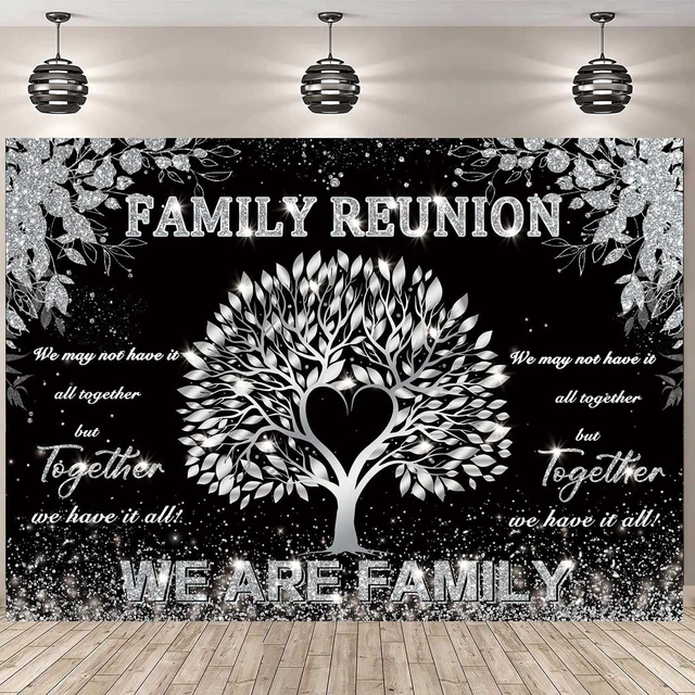 Main image of Family Reunion Banner Backdrop 8x6FT Black and Silver Tree Leaves We are Family Photography Background Family Gathering Party Decorations Supplies