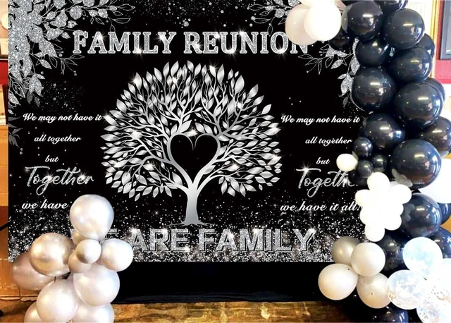 Alt view image 3 of 7 - Family Reunion Banner Backdrop 8x6FT Black and Silver Tree Leaves We are Family Photography Background Family Gathering Party Decorations Supplies