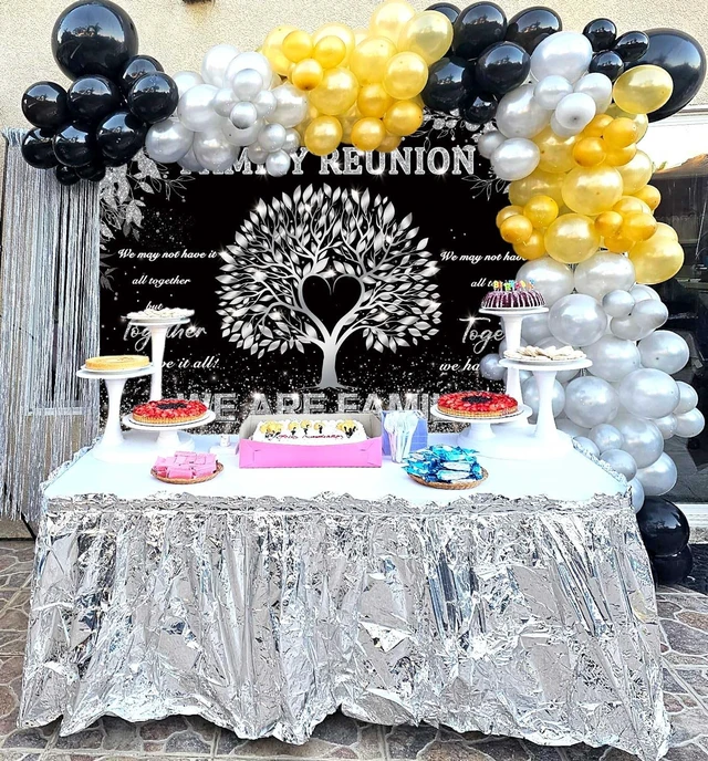 Alt view image 4 of 7 - Family Reunion Banner Backdrop 8x6FT Black and Silver Tree Leaves We are Family Photography Background Family Gathering Party Decorations Supplies