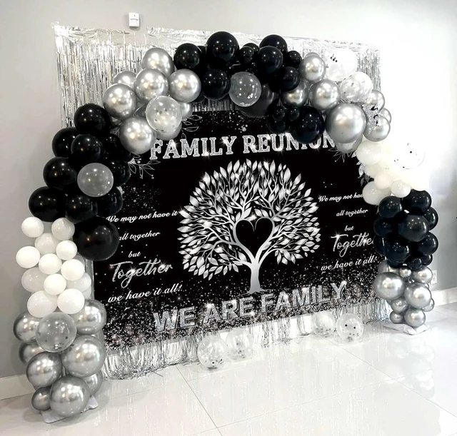 Alt view image 5 of 7 - Family Reunion Banner Backdrop 8x6FT Black and Silver Tree Leaves We are Family Photography Background Family Gathering Party Decorations Supplies
