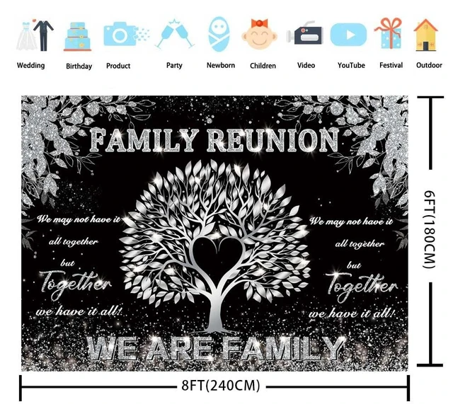 Alt view image 6 of 7 - Family Reunion Banner Backdrop 8x6FT Black and Silver Tree Leaves We are Family Photography Background Family Gathering Party Decorations Supplies