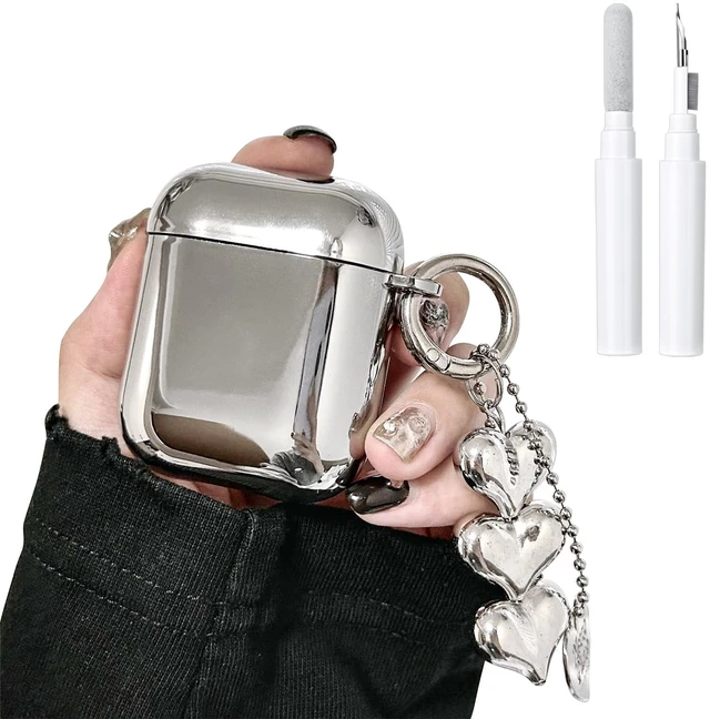 Main image of Compatible for AirPods 2 Case Soft TPU with Cleaner Kit Cute Silver Fashion Buckle Pendant Aesthetics Design Shockproof Cover for Girls Woman for Airpods 2&1-Silver