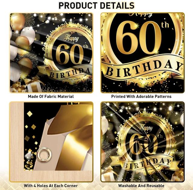 Alt view image 3 of 7 - Happy 60th Birthday Decoration Backdrop Banner Black Gold Large Fabric Sign 72.8 x 43.3 Inch Birthday Poster Photography Background 60 Year Birthday Party Decorations Supplies Indoor Outdoor