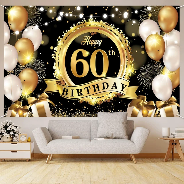 Alt view image 4 of 7 - Happy 60th Birthday Decoration Backdrop Banner Black Gold Large Fabric Sign 72.8 x 43.3 Inch Birthday Poster Photography Background 60 Year Birthday Party Decorations Supplies Indoor Outdoor