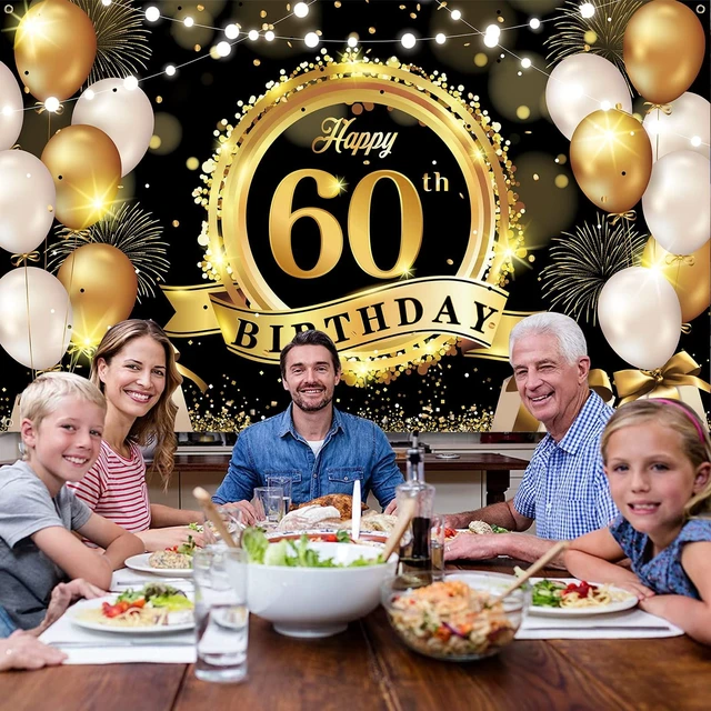 Alt view image 6 of 7 - Happy 60th Birthday Decoration Backdrop Banner Black Gold Large Fabric Sign 72.8 x 43.3 Inch Birthday Poster Photography Background 60 Year Birthday Party Decorations Supplies Indoor Outdoor