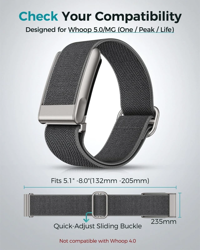 Alt view image 2 of 7 - Elastic Nylon Sport Strap for Whoop 5.0 & MG Bands One, Peak & Life, Quick-Dry Breathable Wristband with Quick-Adjust Sliding Buckle Accessories for Men Women - Not for Whoop 4.0