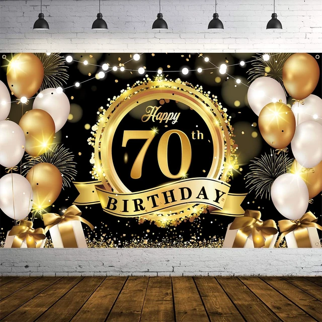 Main image of Happy 70th Birthday Decoration Backdrop Banner Black Gold Large Fabric Sign 72.8 x 43.3 Inch Birthday Poster Photography Background 70 Year Birthday Party Decorations Supplies Indoor Outdoor