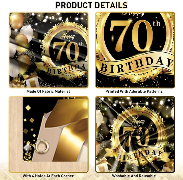 Alt view image 3 of 7 - Happy 70th Birthday Decoration Backdrop Banner Black Gold Large Fabric Sign 72.8 x 43.3 Inch Birthday Poster Photography Background 70 Year Birthday Party Decorations Supplies Indoor Outdoor