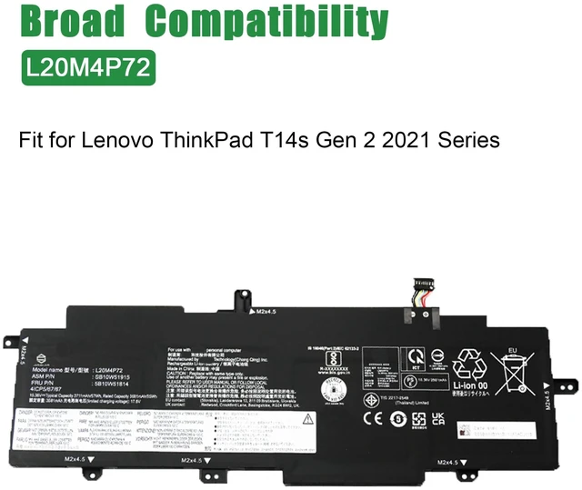 Alt view image 4 of 5 - L20M4P72 Laptop Battery Replacement for Lenovo ThinkPad T14s Gen 2 2021 Series SB10W51915 5B10W51814 L20L4P72 SB10W51914 5B10W13976 L20C4P72 SB10W51916 5B10W51815 L20D4P72 15.36V 57Wh