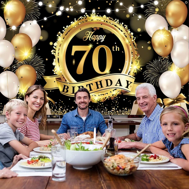 Alt view image 6 of 7 - Happy 70th Birthday Decoration Backdrop Banner Black Gold Large Fabric Sign 72.8 x 43.3 Inch Birthday Poster Photography Background 70 Year Birthday Party Decorations Supplies Indoor Outdoor