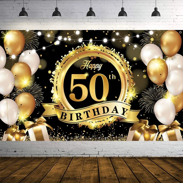 Main image of Happy 50th Birthday Decoration Backdrop Banner Black Gold Large Fabric Sign 72.8 x 43.3 Inch Birthday Poster Photography Background 50 Year Birthday Party Decorations Supplies Indoor Outdoor