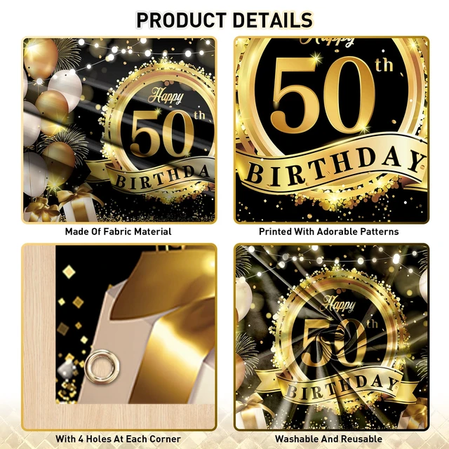 Alt view image 3 of 7 - Happy 50th Birthday Decoration Backdrop Banner Black Gold Large Fabric Sign 72.8 x 43.3 Inch Birthday Poster Photography Background 50 Year Birthday Party Decorations Supplies Indoor Outdoor