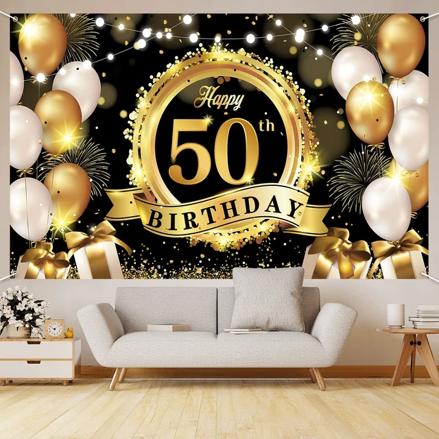 Alt view image 4 of 7 - Happy 50th Birthday Decoration Backdrop Banner Black Gold Large Fabric Sign 72.8 x 43.3 Inch Birthday Poster Photography Background 50 Year Birthday Party Decorations Supplies Indoor Outdoor