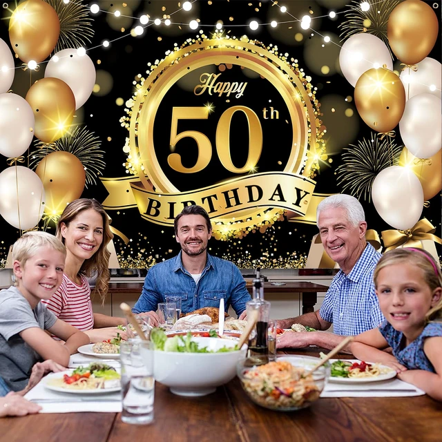 Alt view image 6 of 7 - Happy 50th Birthday Decoration Backdrop Banner Black Gold Large Fabric Sign 72.8 x 43.3 Inch Birthday Poster Photography Background 50 Year Birthday Party Decorations Supplies Indoor Outdoor