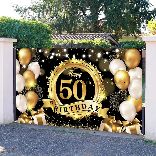 Alt view image 5 of 7 - Happy 50th Birthday Decoration Backdrop Banner Black Gold Large Fabric Sign 72.8 x 43.3 Inch Birthday Poster Photography Background 50 Year Birthday Party Decorations Supplies Indoor Outdoor